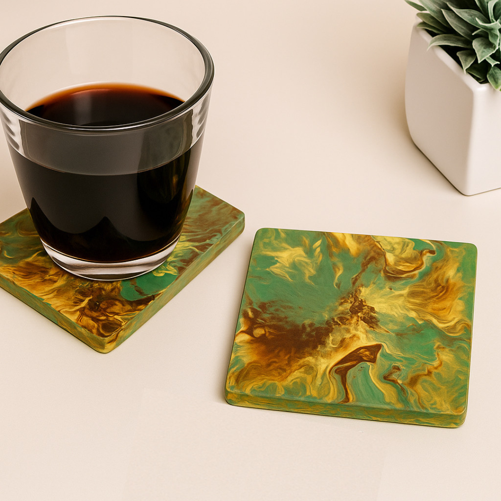 Green, Yellow, and Brown 4-Count Coasters – Earthy Tones for Stylish Table Protection