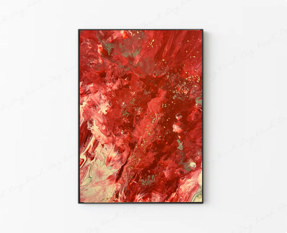 Elegant 30x40 Abstract Wall Art in Red Hues with Gold Flake Accents – Luxury Canvas Décor